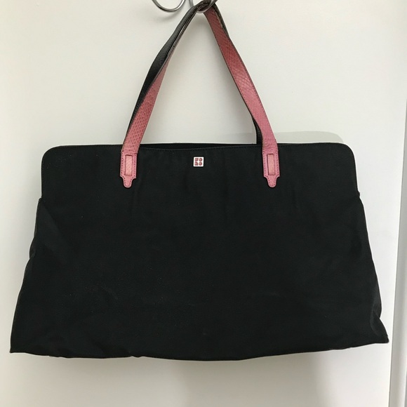 Kate Spade NY 14258 black nylon shoulder bag tote pink python leather straps - Picture 1 of 14